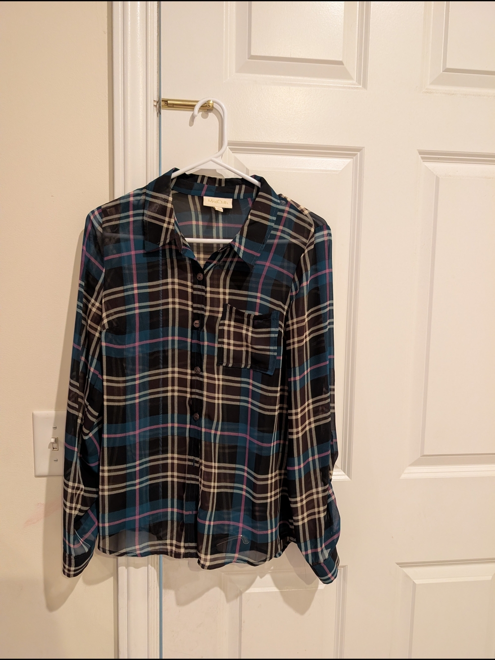ModCloth Teal, Black & Cream Plaid Shirt with Pink Accents